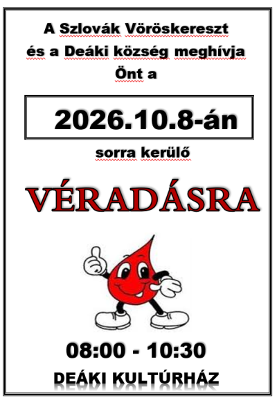 Odber krvi 8. októbra 2026 v kultúrnom dome Deáki